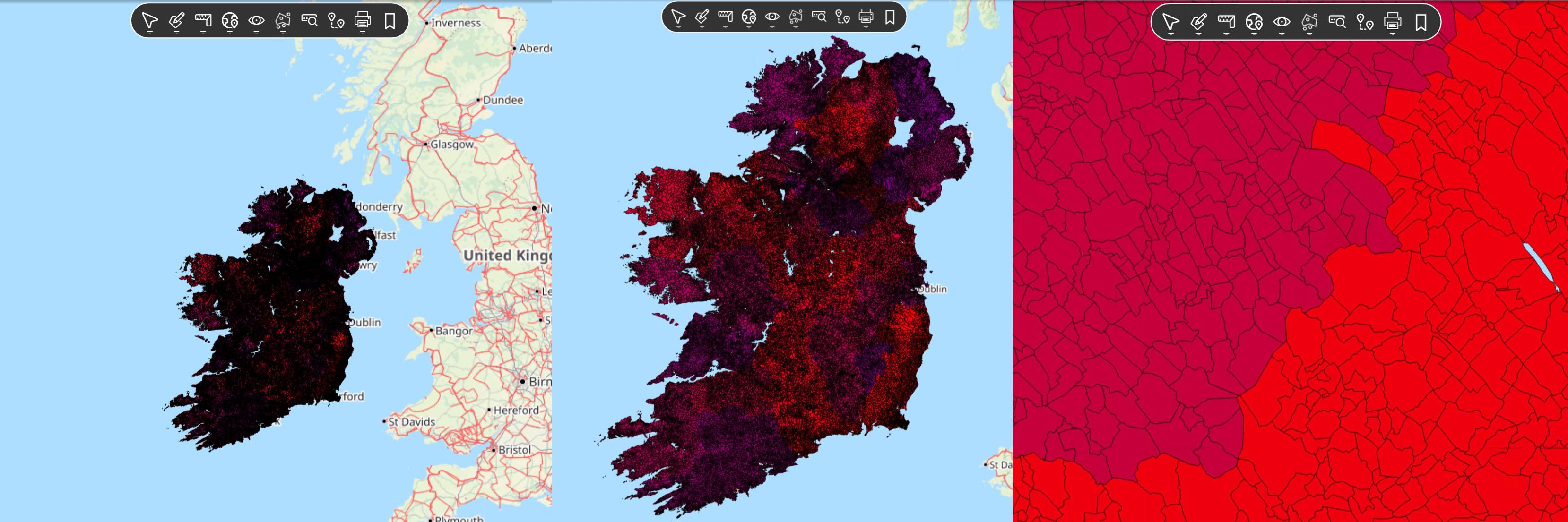 Screenshot: Same area at two zoom levels showing scale-aware styling and labels