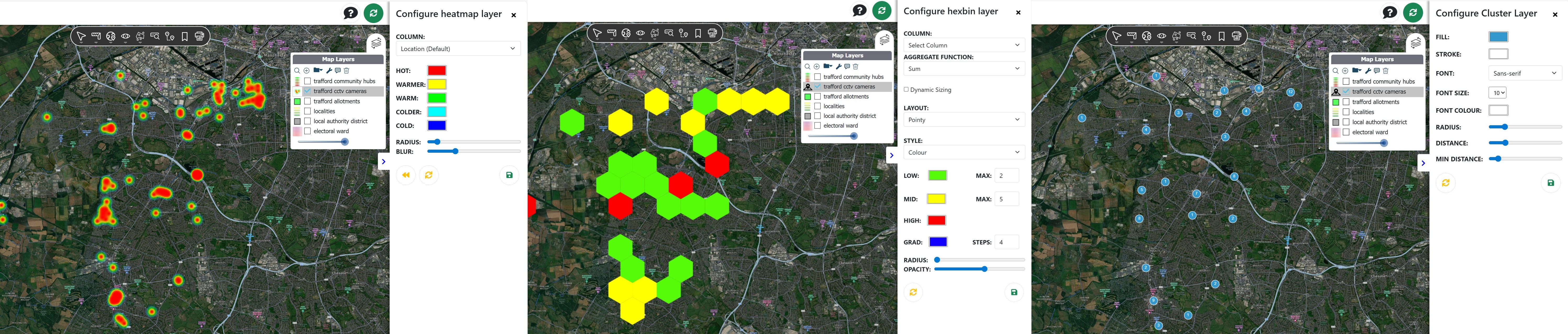 Screenshot: Gallery showing Vector WMS, WMS single tile, VectorImage, Heatmap, Hexbin, Cluster