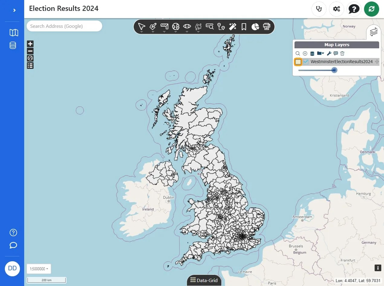 Map layer showing Westminster election results for 2024.
