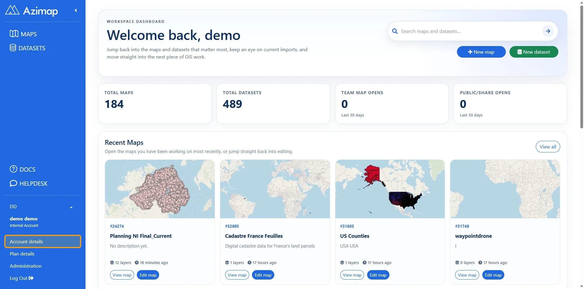 Account details on Dashboard | Azimap
