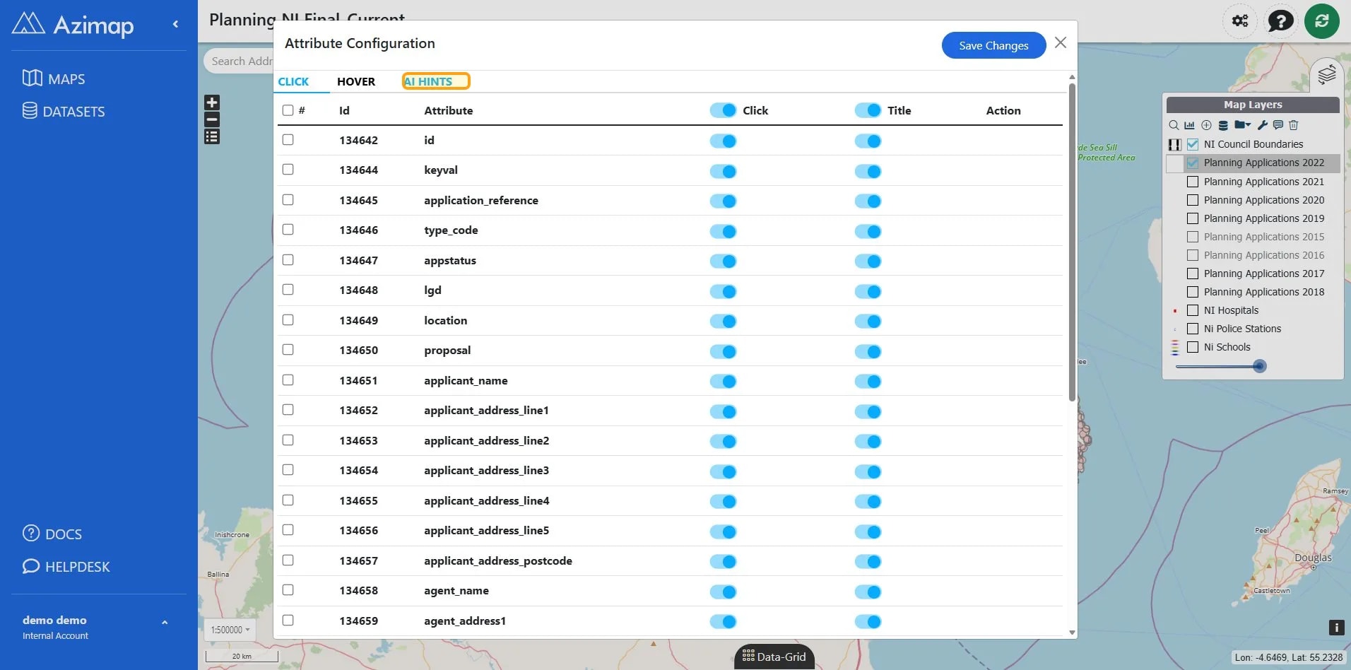 Button labeled 'AI HINTS' in Attribute Configuration section