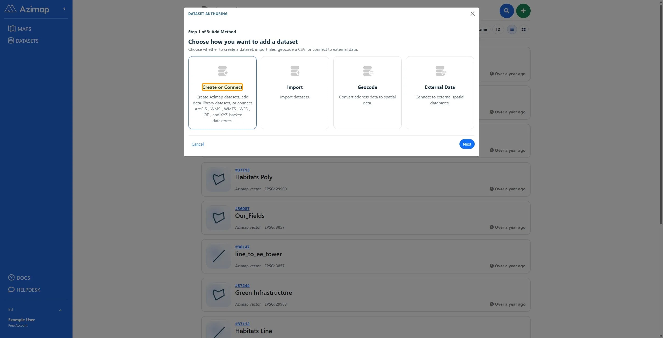 Create or Connect option for adding datasets