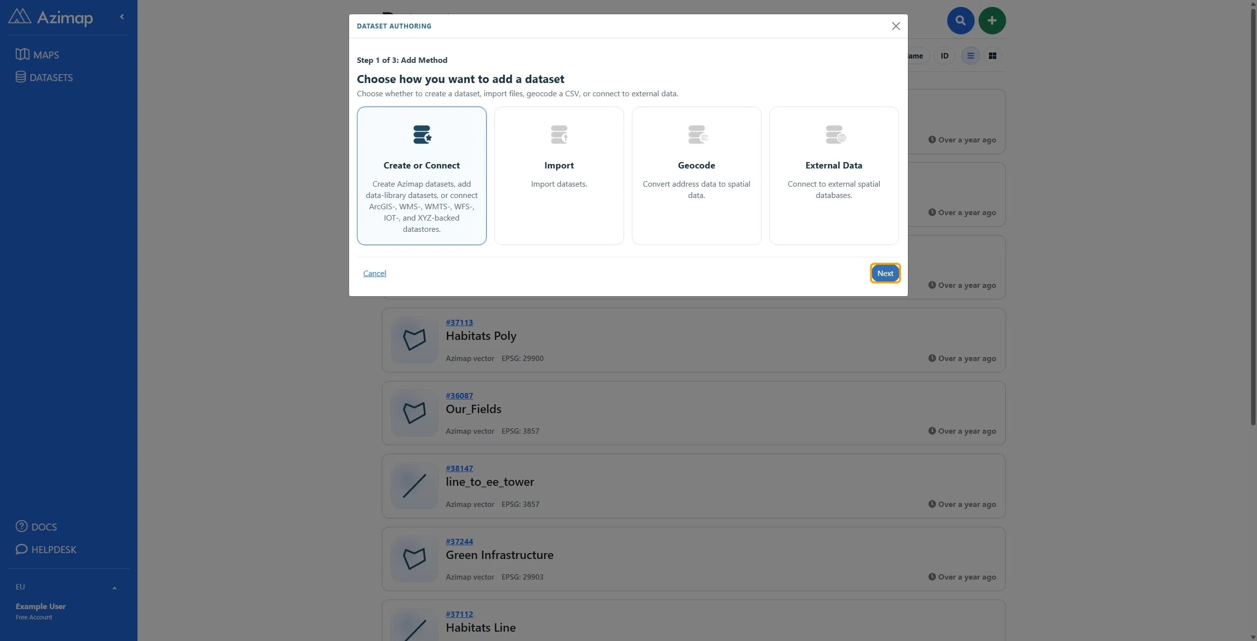 the highlighted field on Datasets | Azimap