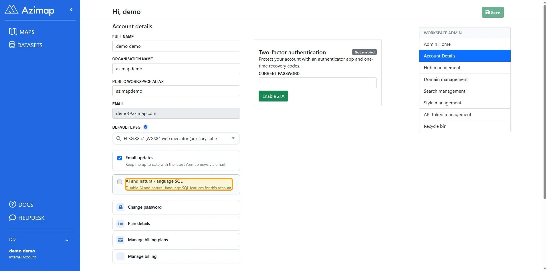 AI and natural-language SQL Disable AI and natural-language SQL features for this account. on Account Details | Azimap
