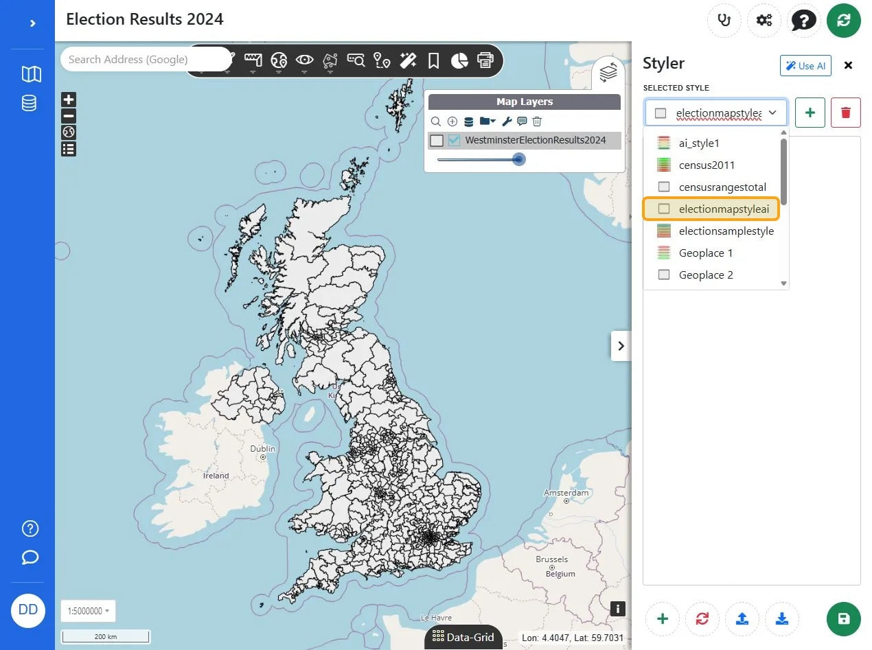 Click the 'electionmapstyleai' style option in the Styler panel to change the map's appearance.