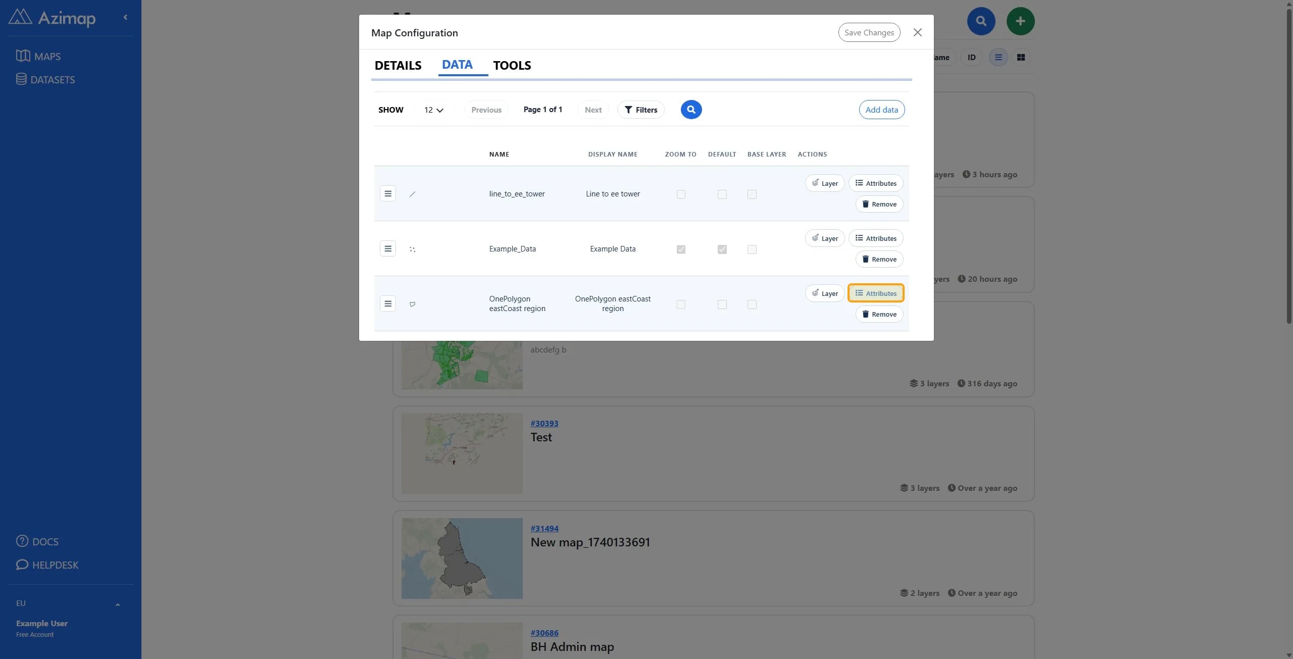 Click the Attributes button for the OnePolygon eastCoast region layer
