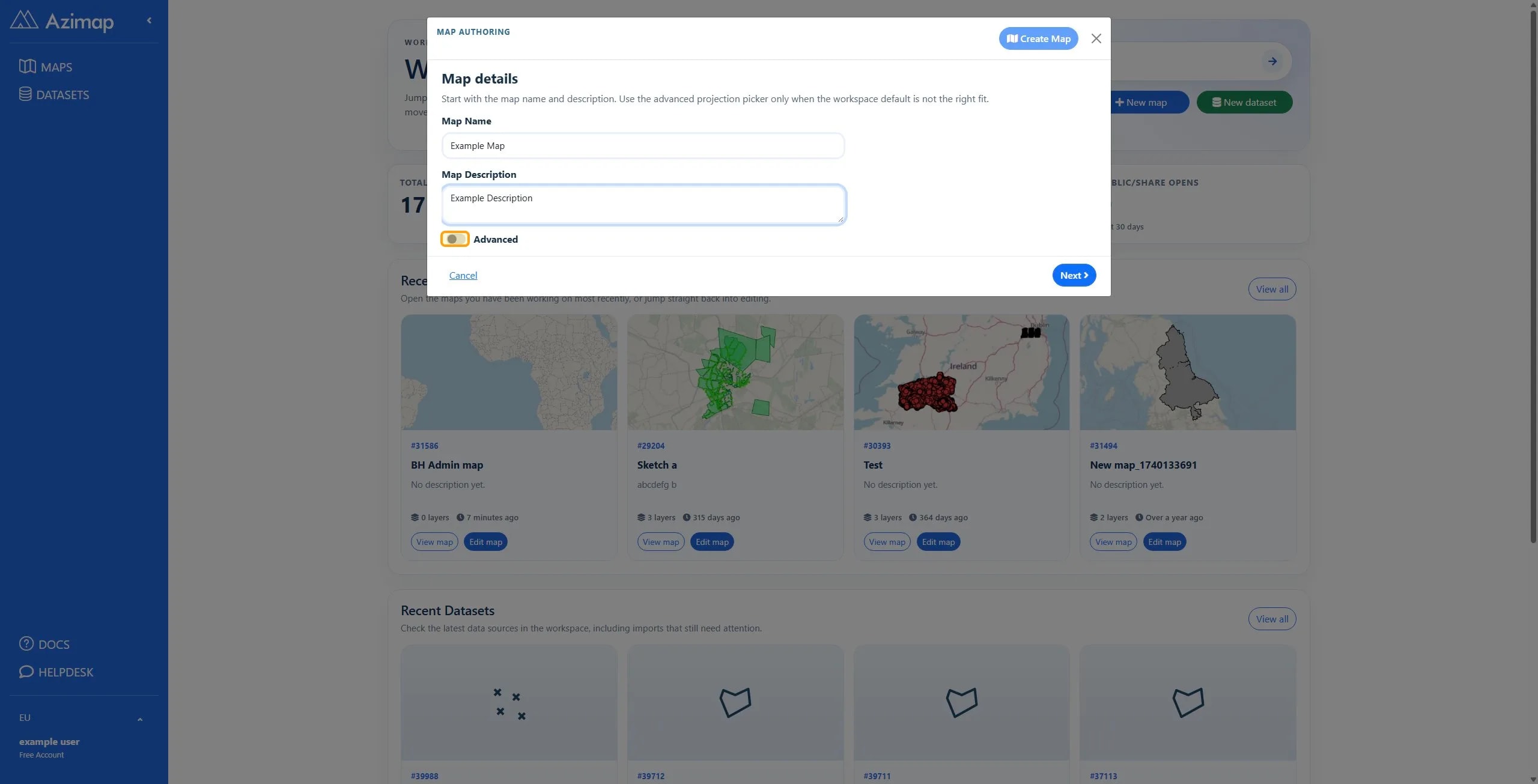 the highlighted button on Dashboard | Azimap