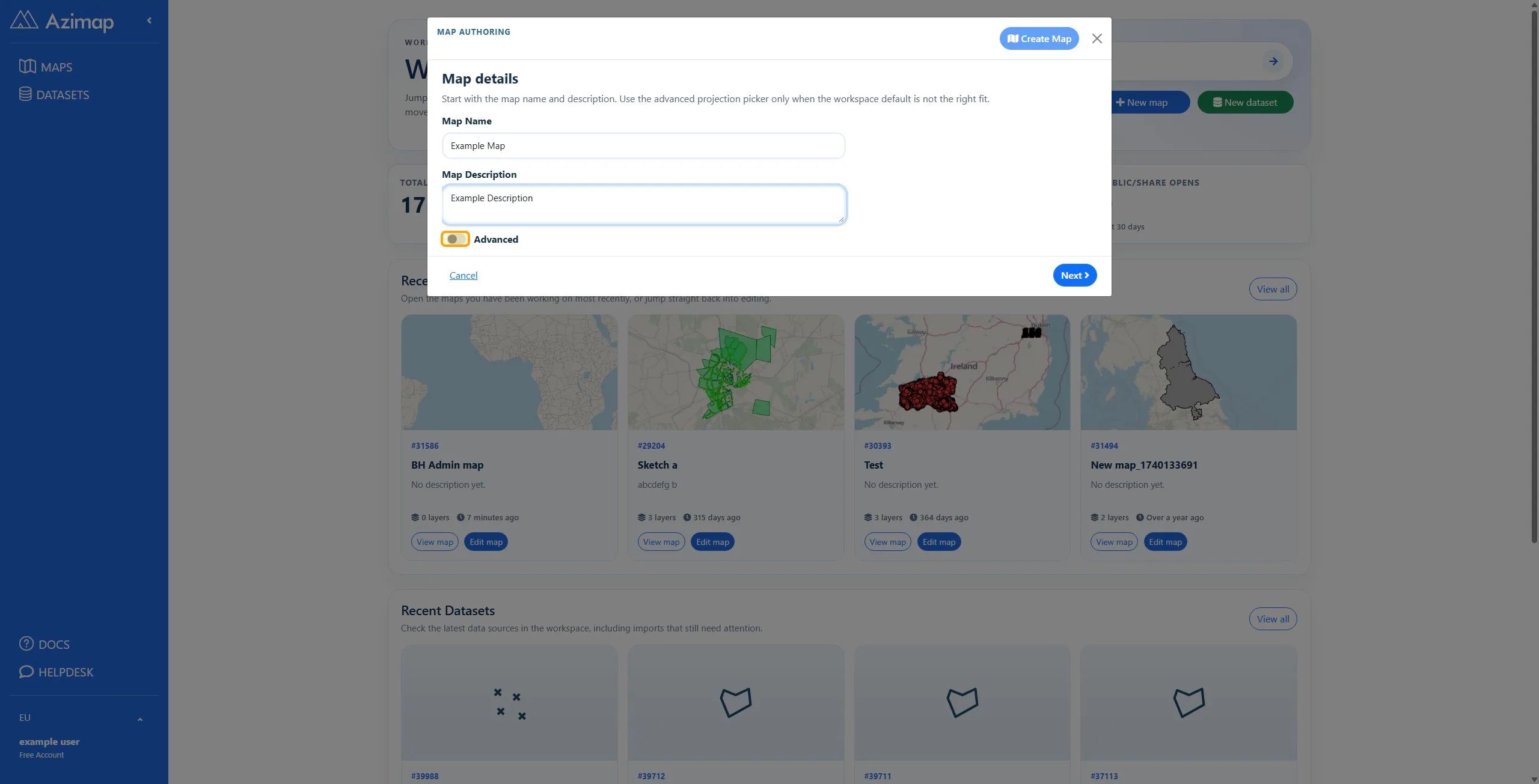 the highlighted button on Dashboard | Azimap