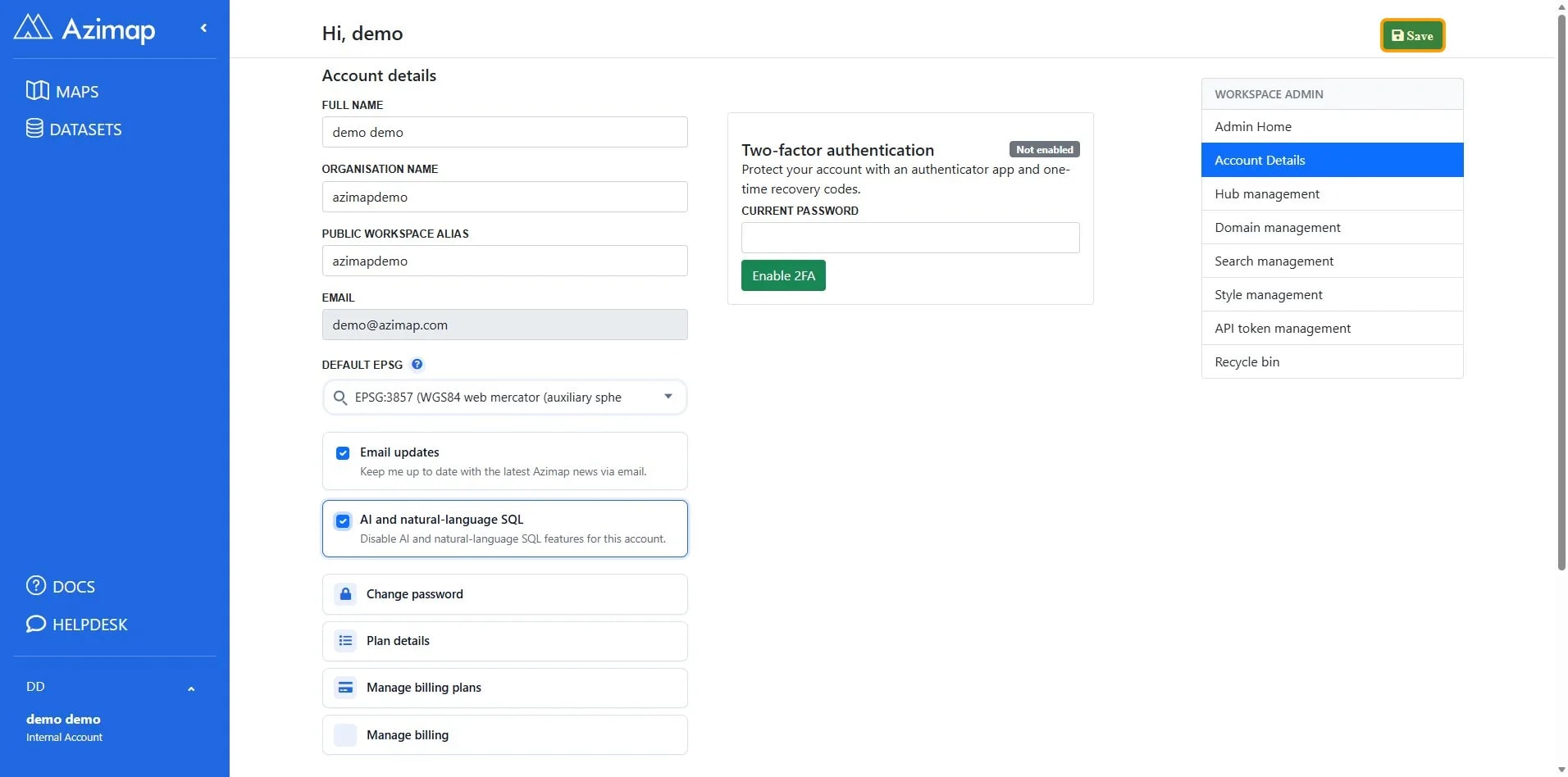Green button labeled 'Save' in top right corner of the page
