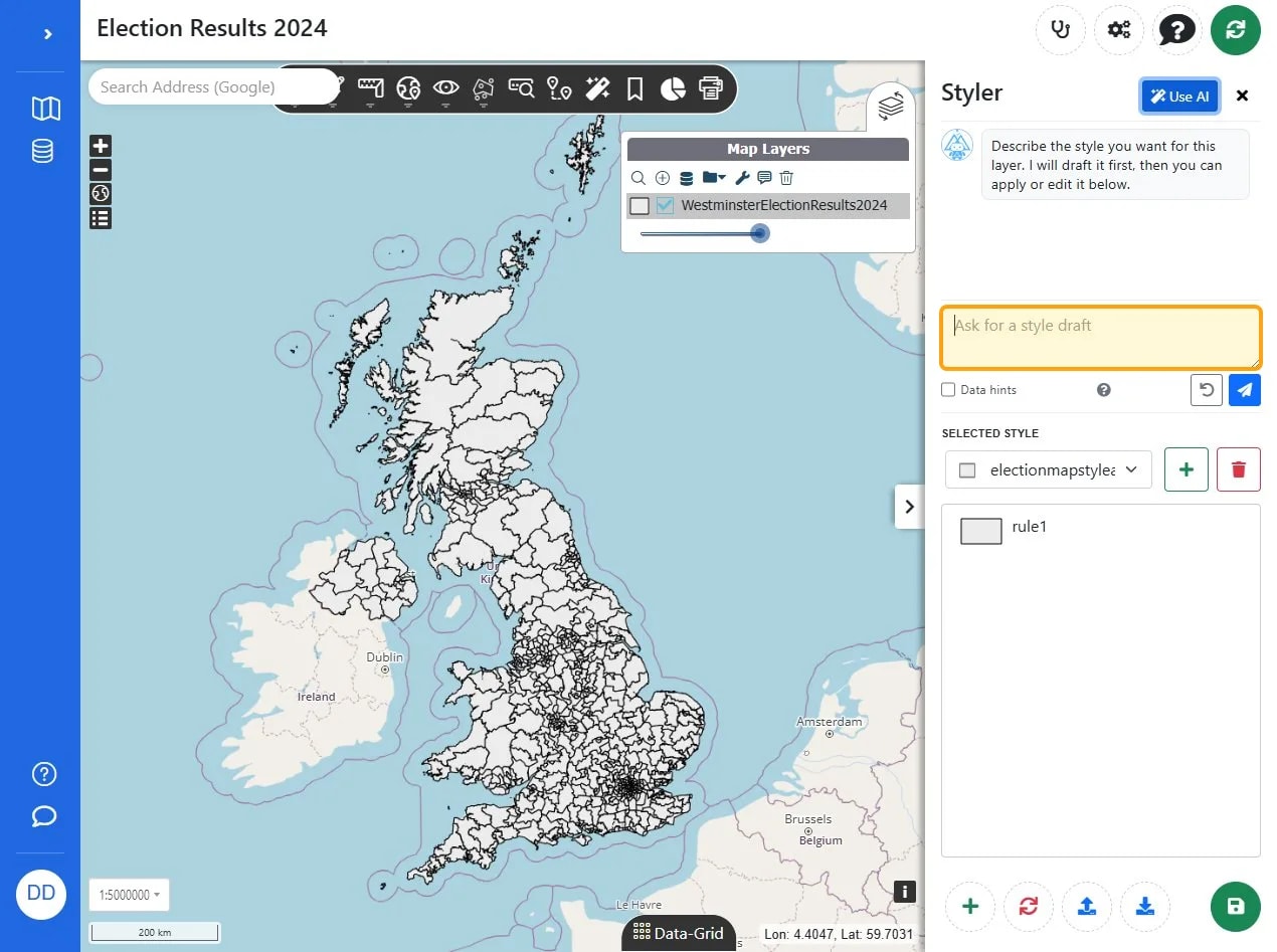 Click the 'Ask for a style draft' field to request a style draft for the selected map layer.