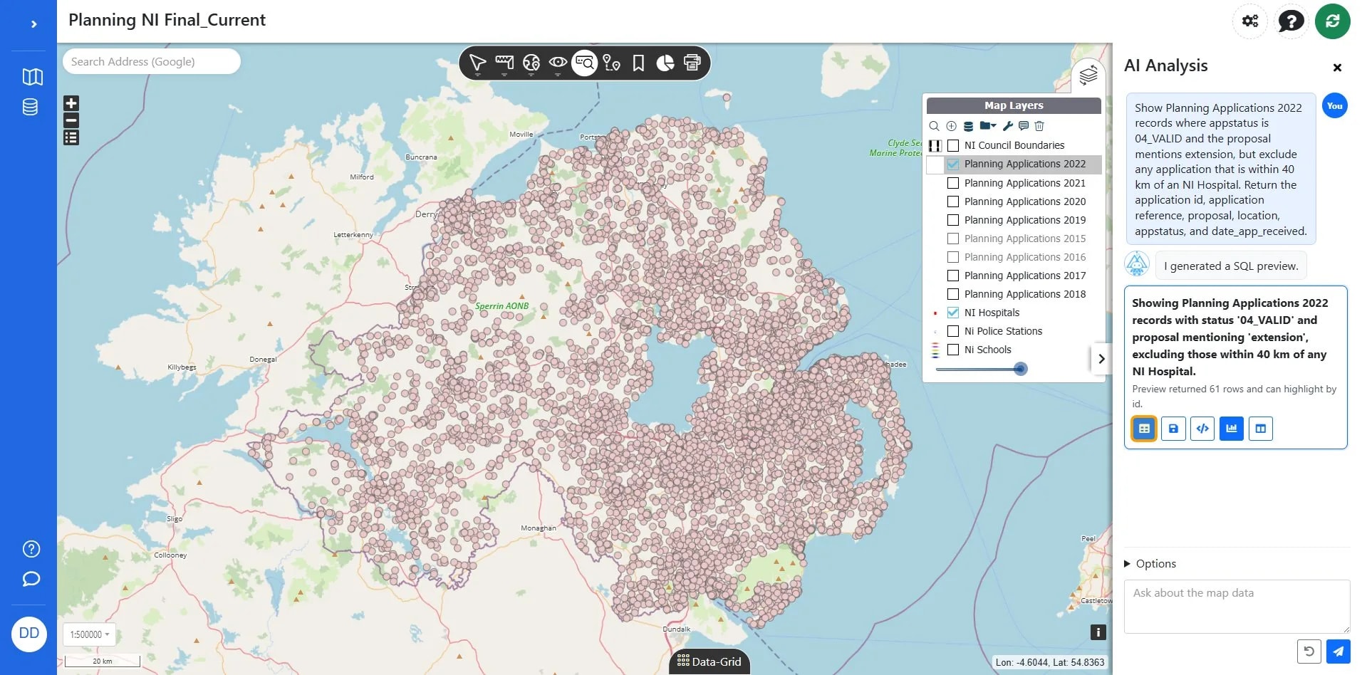 Button labeled 'Open grid' for switching map view to table