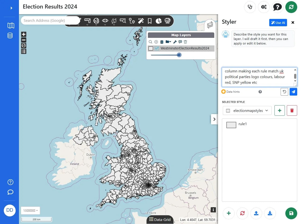 Click the 'Data hints' field to access data-related styling options for the map layer.