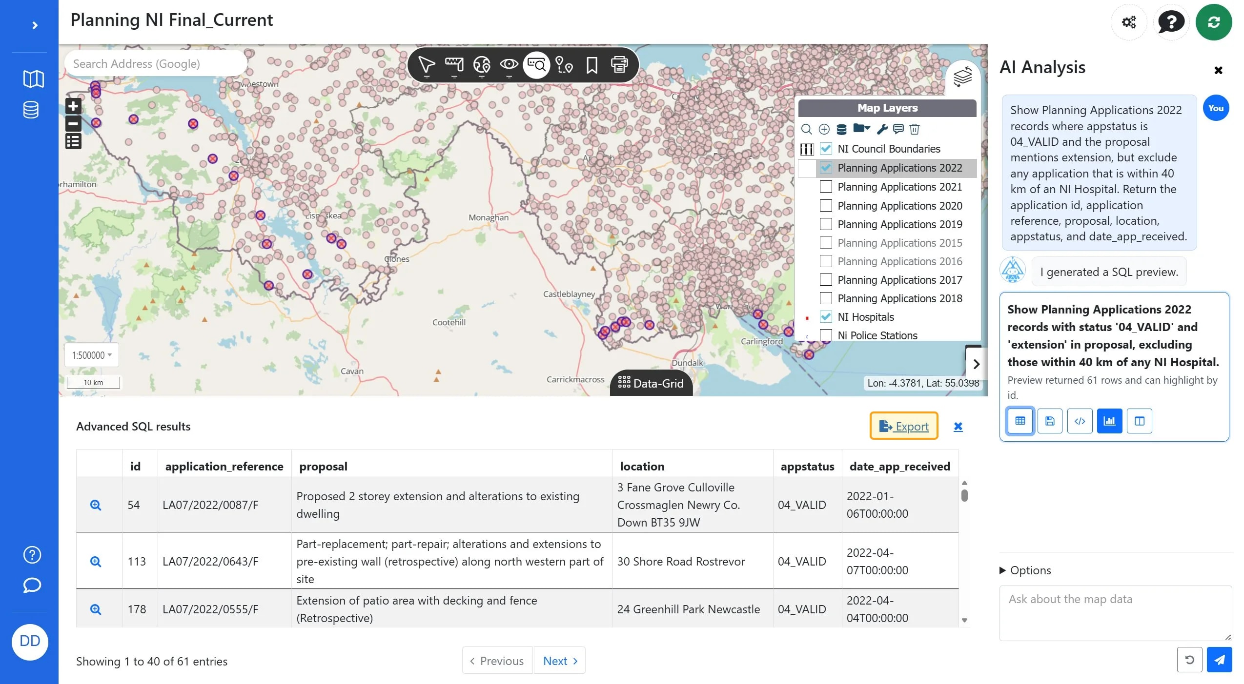 Button labeled 'Export' for downloading data in various formats including CSV, GeoPackage, SHP, KML, and GEOJSON.