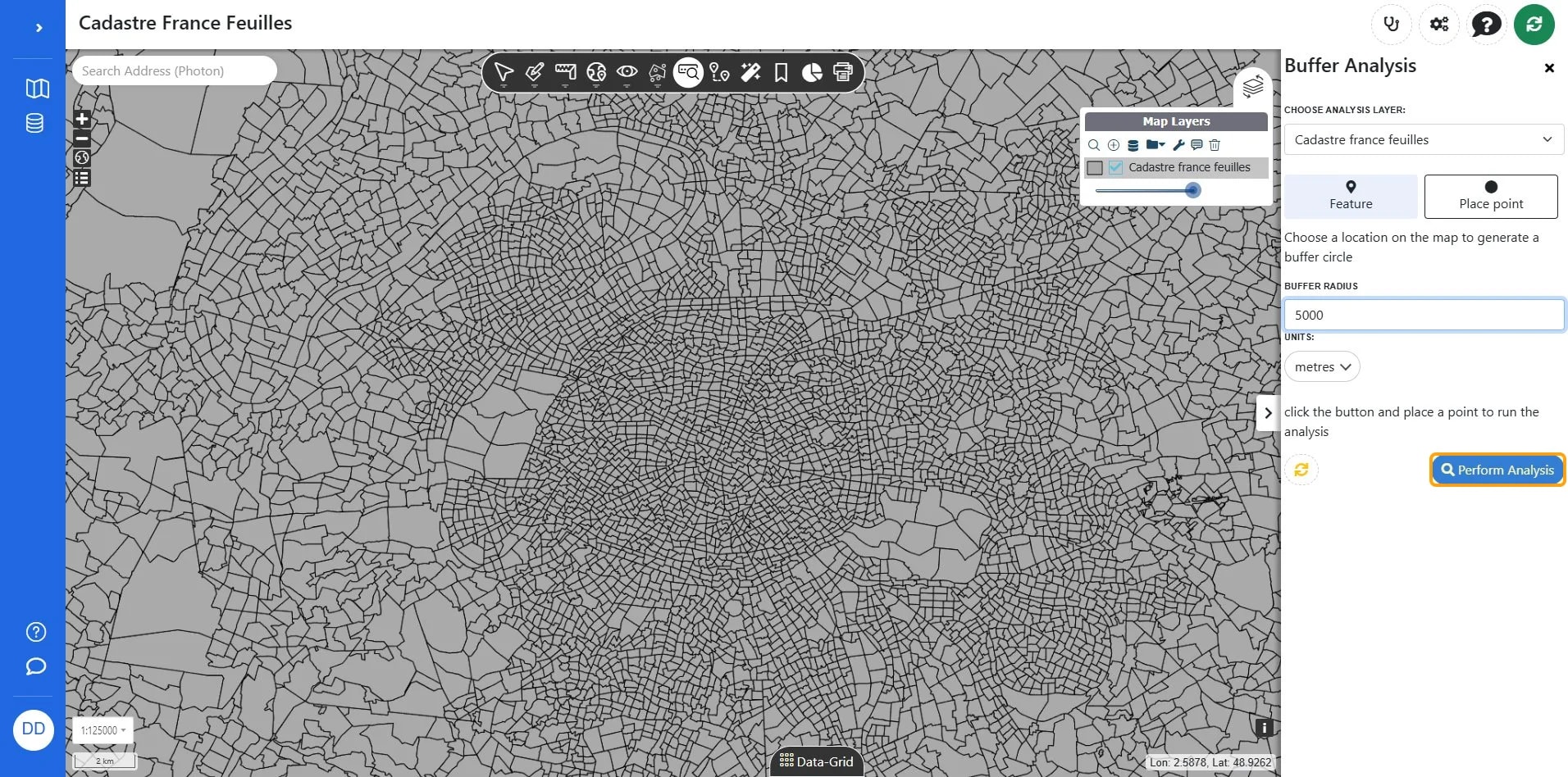 btnStartAnalysisDrawBuffer on Cadastre France Feuilles | Azimap
