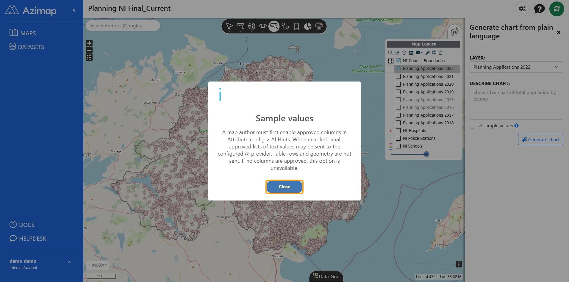 Close button in the Sample values modal window