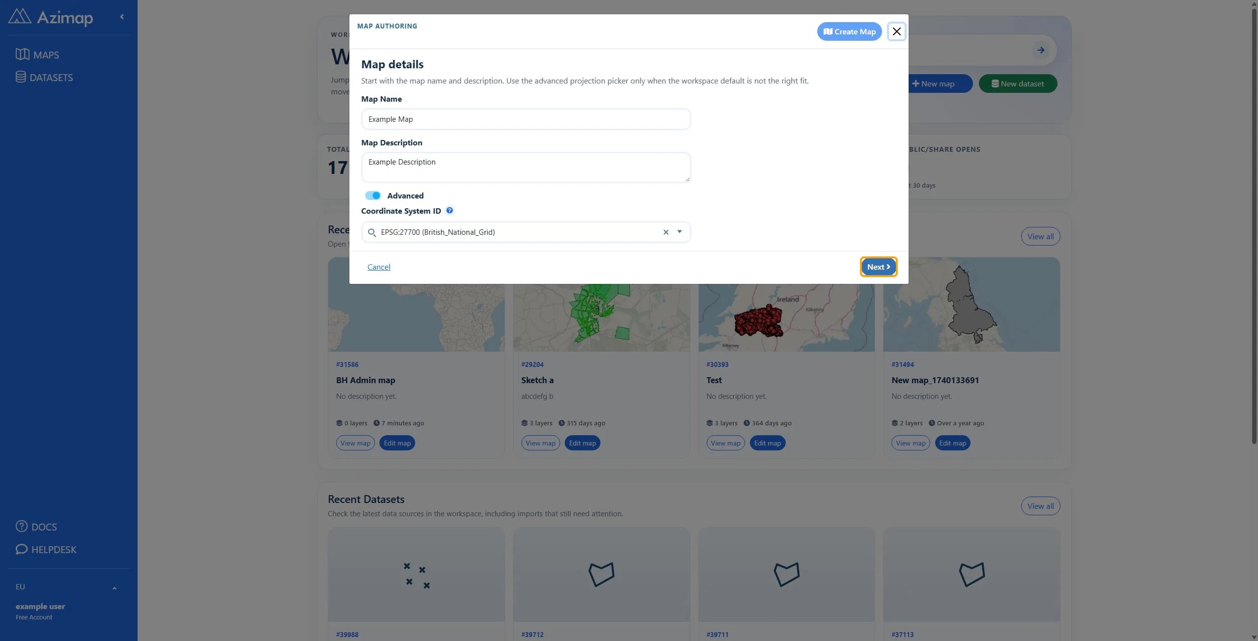Next button in the Map details dialog