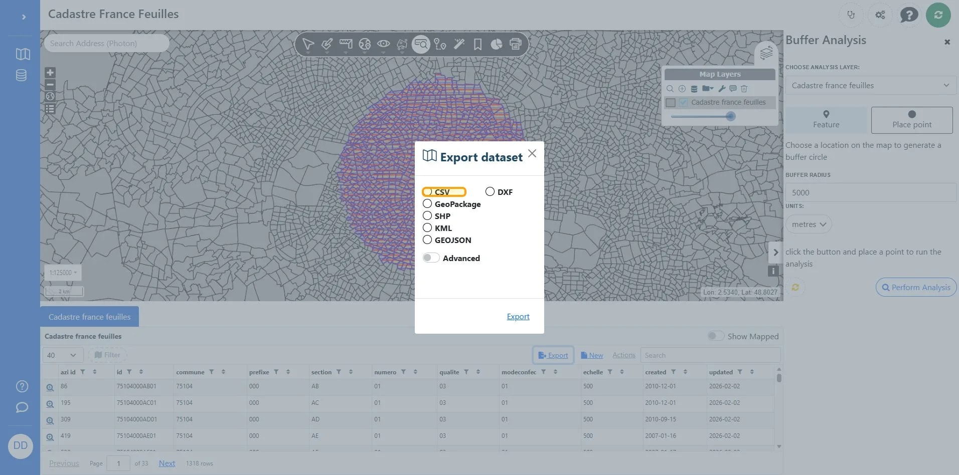 exportType on Cadastre France Feuilles | Azimap