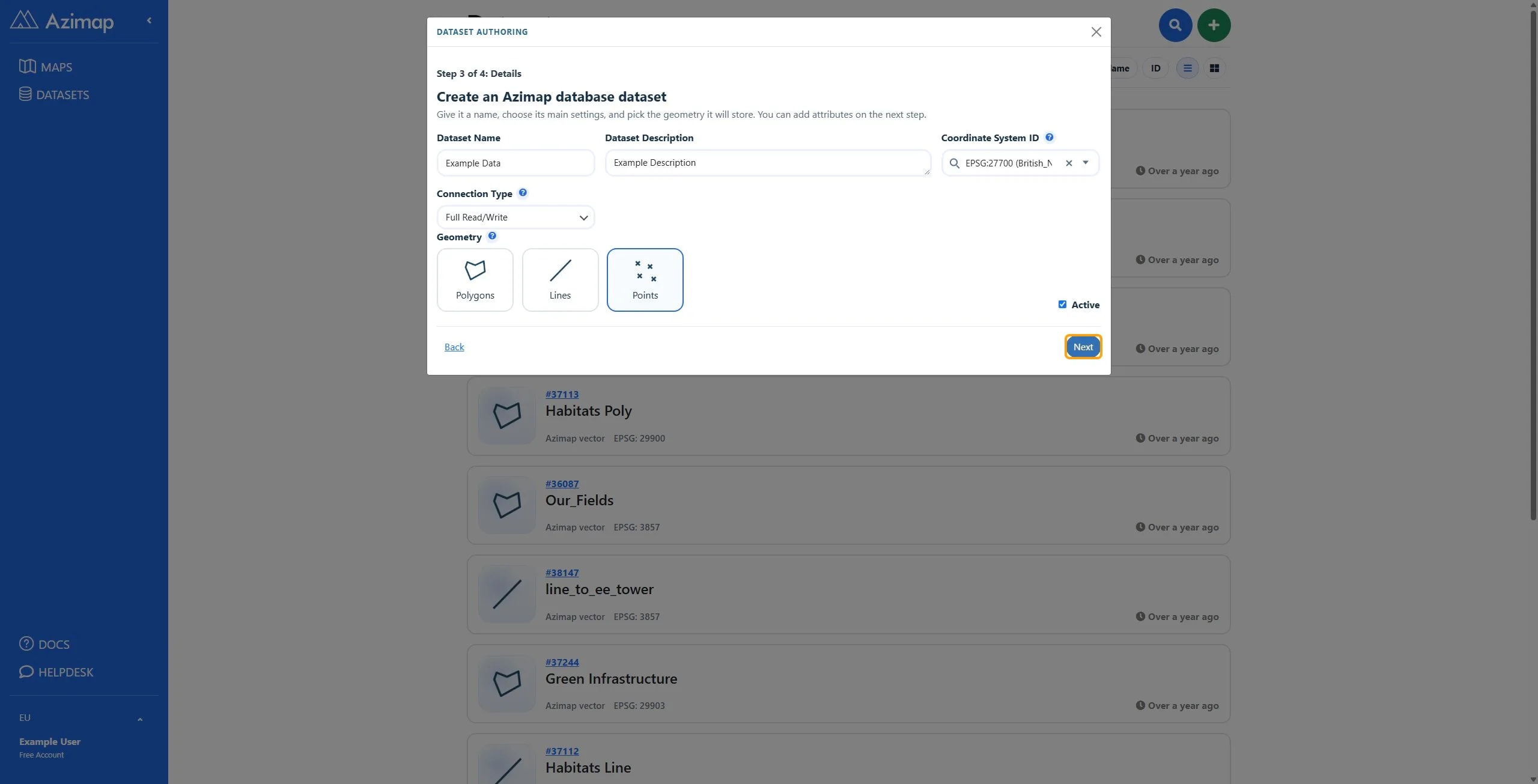 the highlighted field on Datasets | Azimap