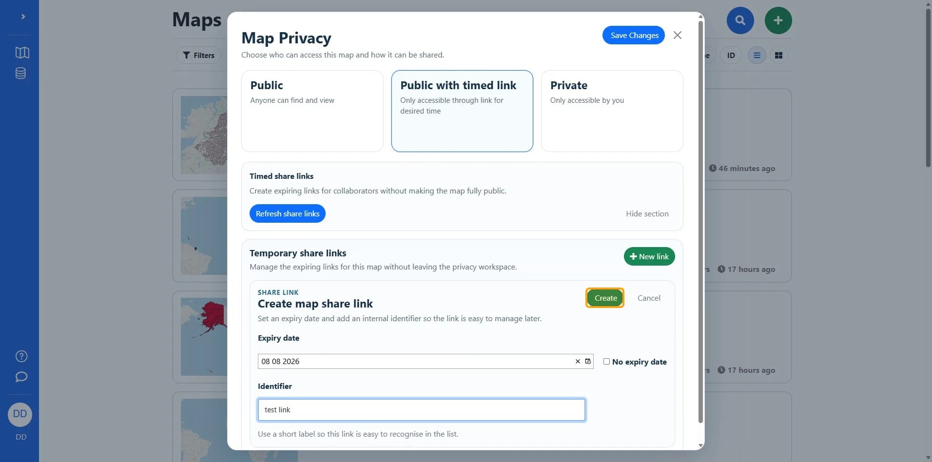Button labeled 'Create' for generating a temporary map share link.