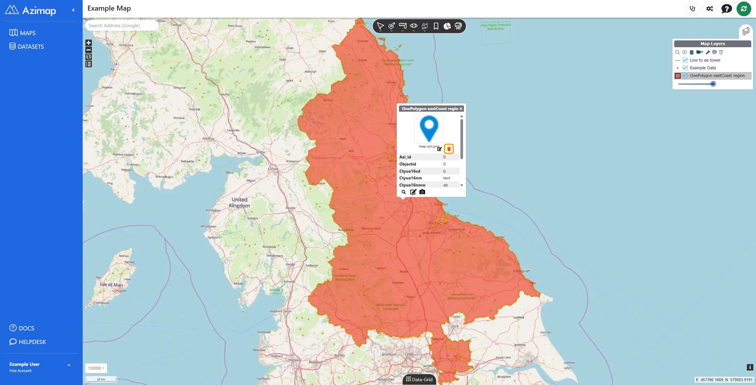 Delete button for removing a map feature.