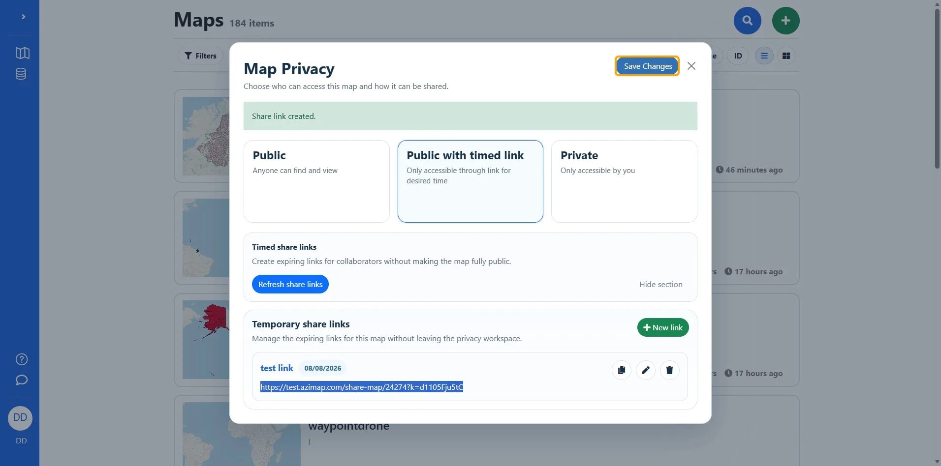 Button labeled 'Save Changes' at top right of Map Privacy dialog