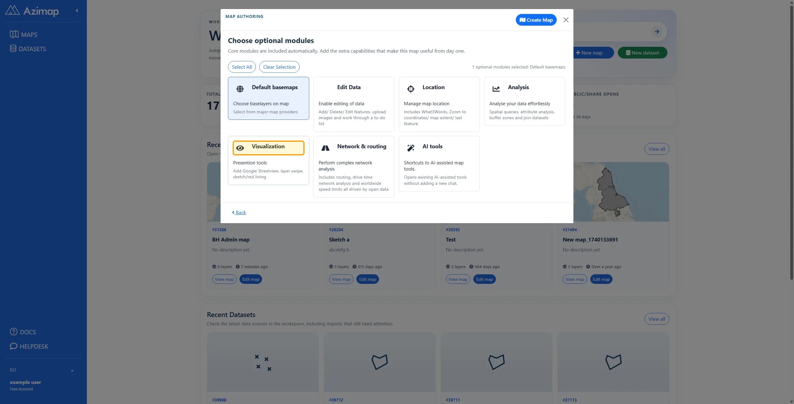 Visualization module selection with description: 'Presentation tools. Add Google Streetview, layer swipe, sketch/red lining.'