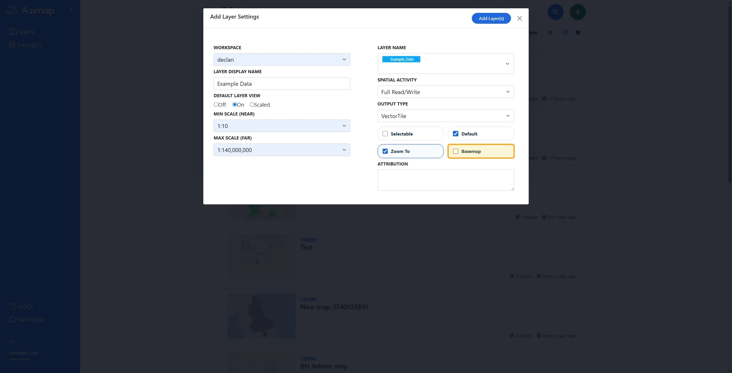 Checkbox labeled Basemap in the Add Layer Settings dialog.