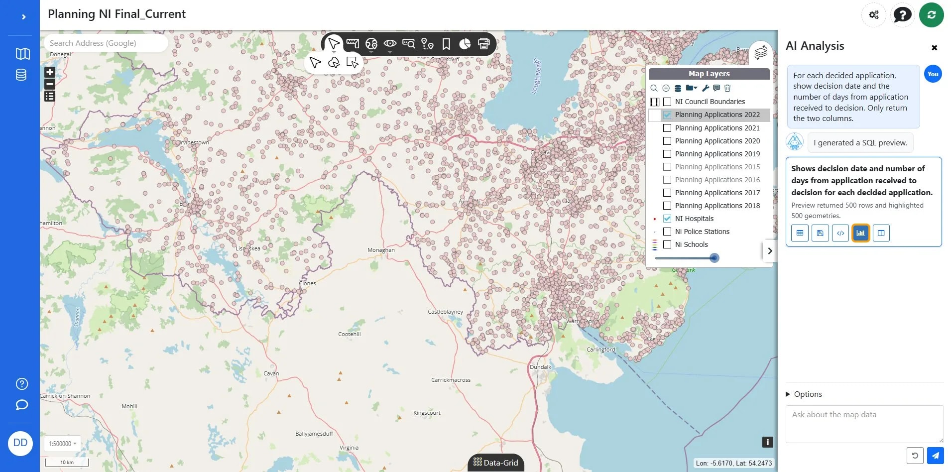 Button labeled Chart this for generating a visualization of planning application data