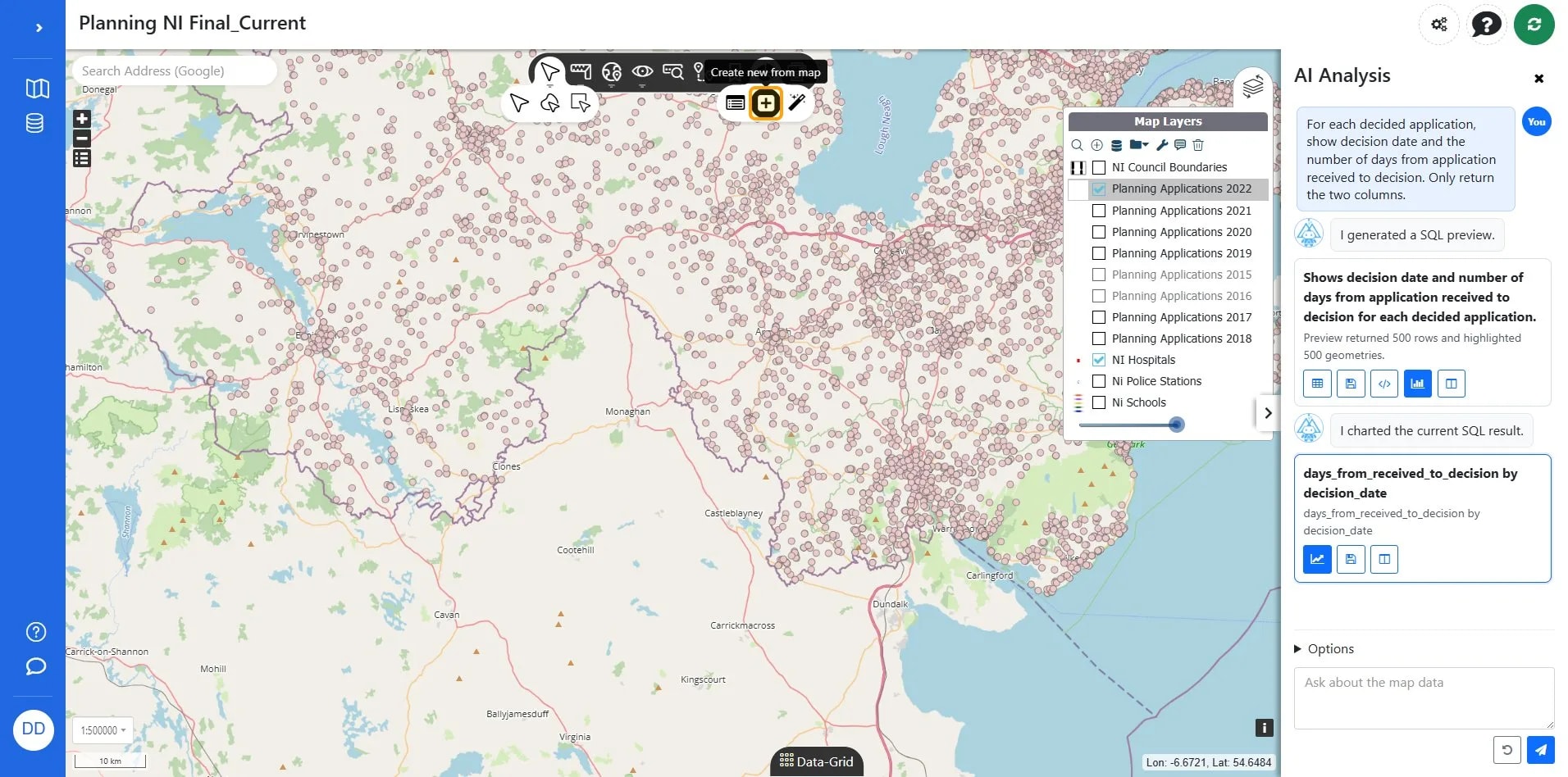 Button labeled 'Create new from map' in the top toolbar of the Azimap interface.